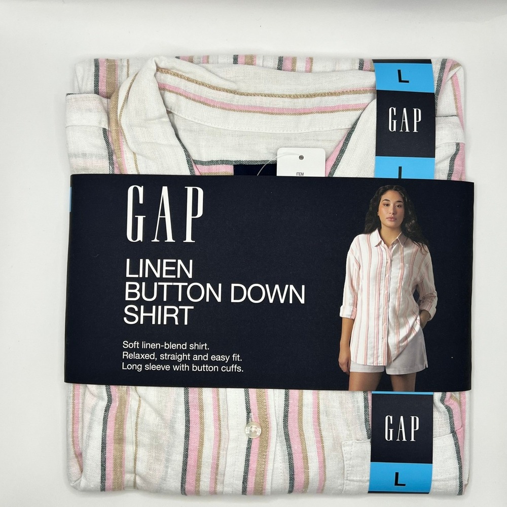 Gap Womens Linen Blend Button Down Shirt Multi Color Striped Relaxed Large New